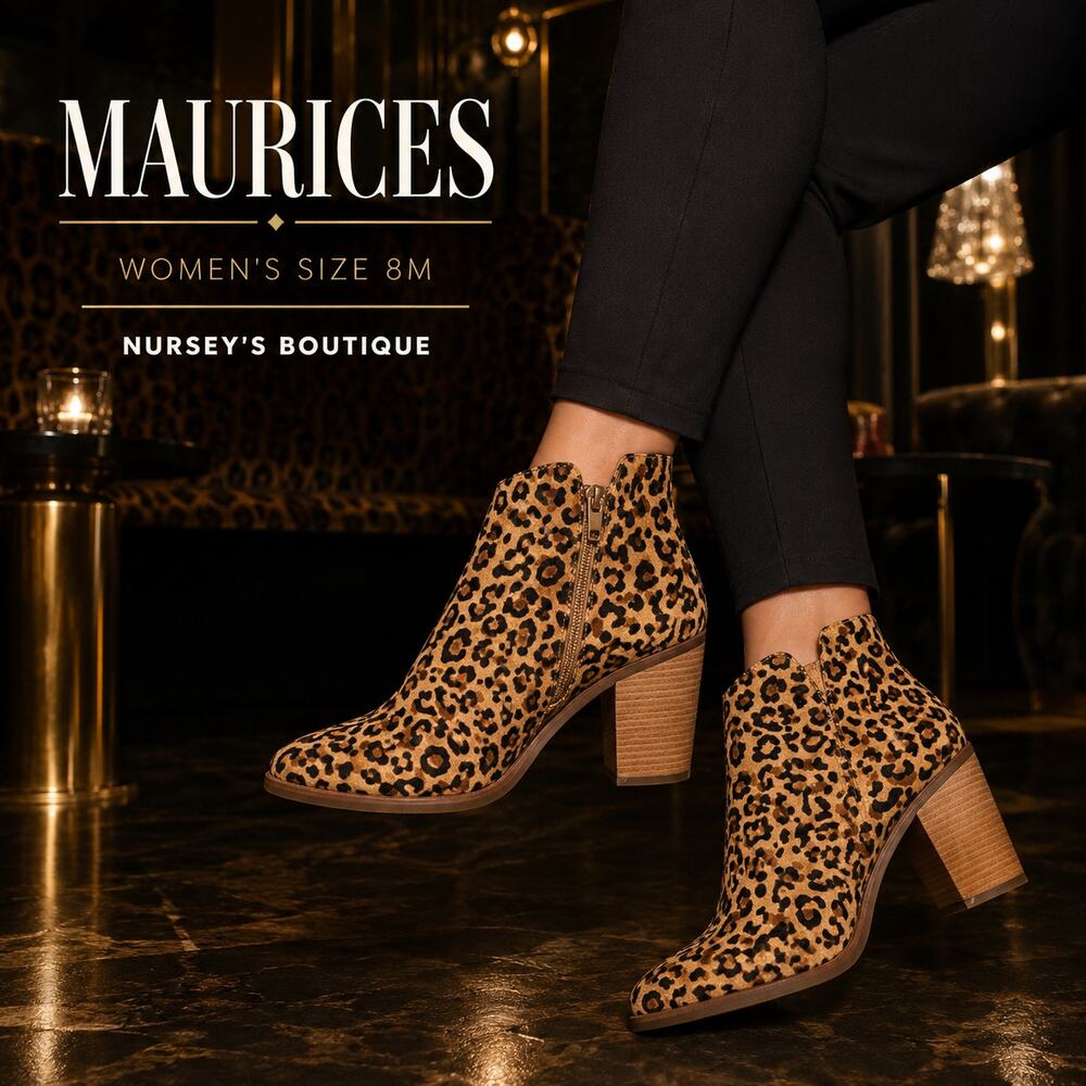 Maurices Leopard Print Ankle Booties Women’s 8M Pointed Toe Block Heel Zip